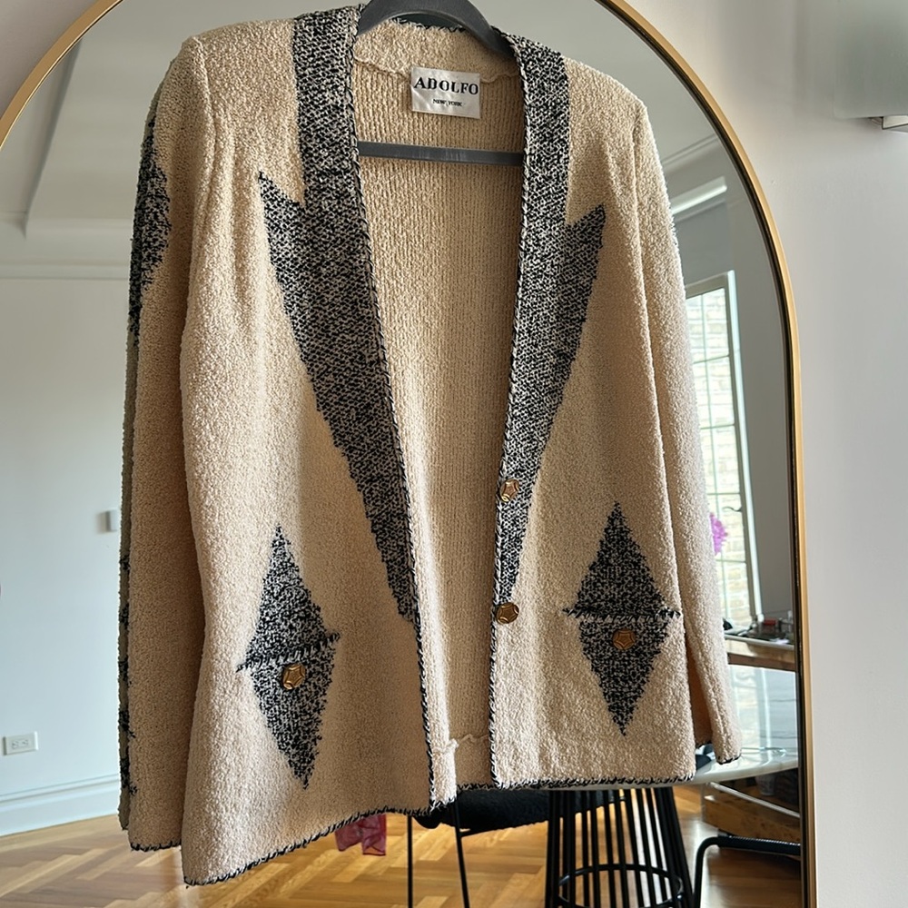 Adolfo New York Black and Cream Knit Sweater